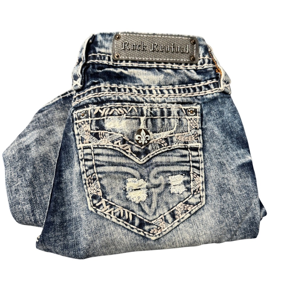 Rock Revival Jeans Womens 28 (29x25‎ ACTUAL) Jena Blue Distressed Embellished